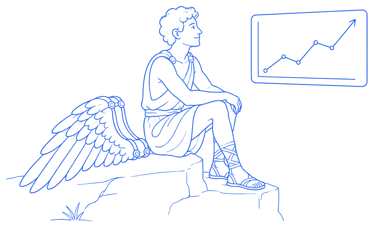 Icarus sitting calmly with his wings folded beside him, watching the market