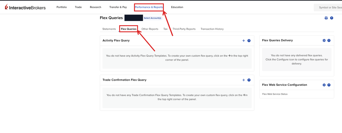 Performance and Reports and the Flex Queries tab marked in IBKR Client Portal