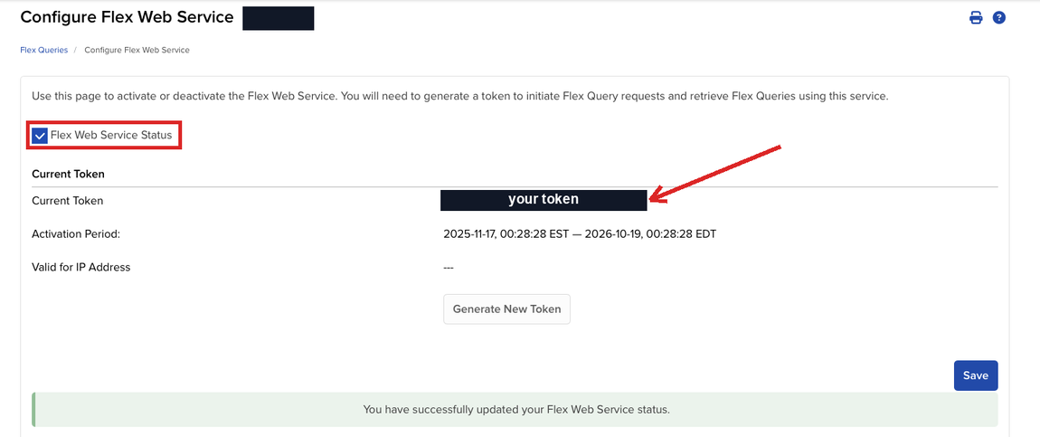 The status box ticked and the token on the Flex Web Service page